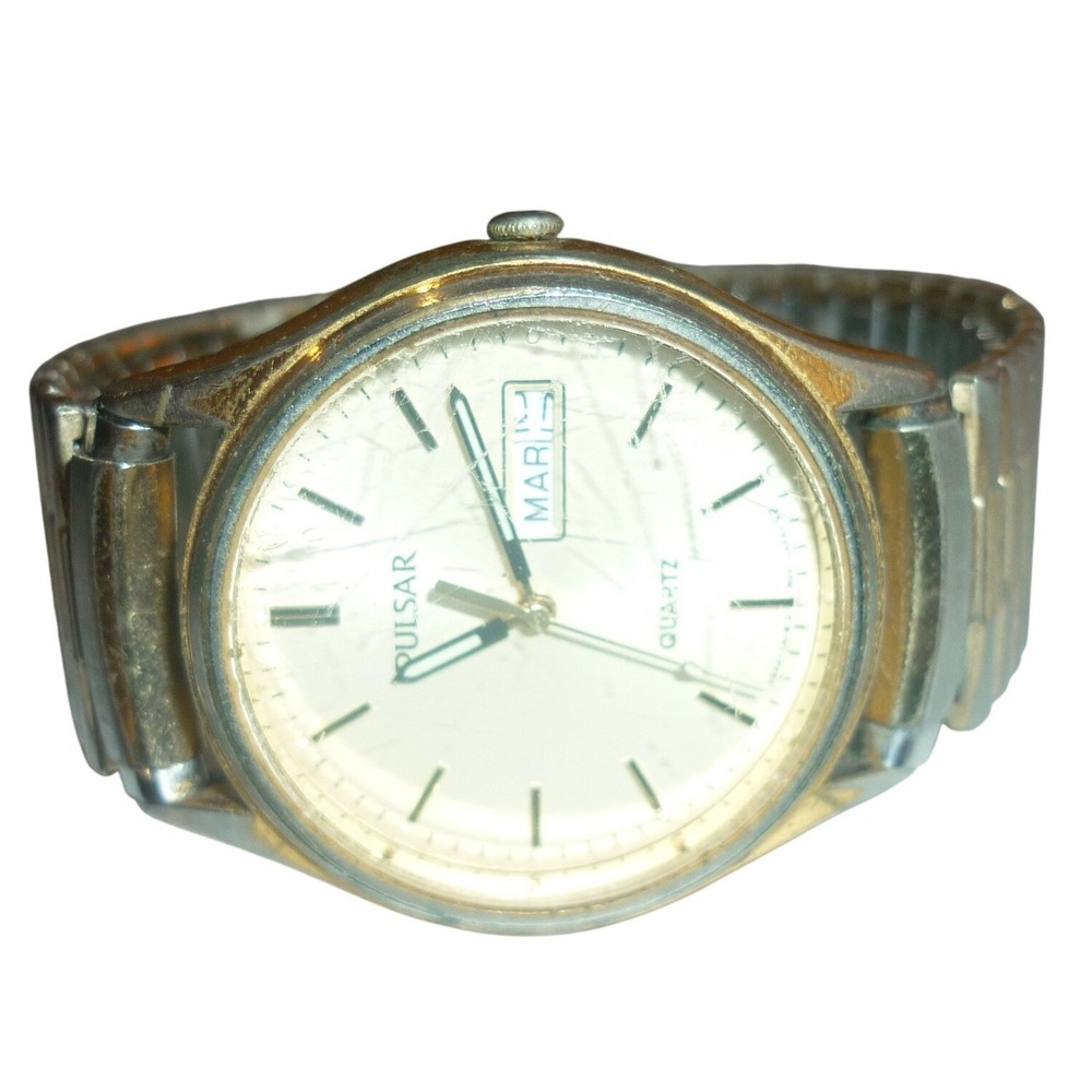Pulsar Quartz Watch V533-7A30 Gold Tone Day‎ Date Speidel Band Mens 35mm Vtg USA